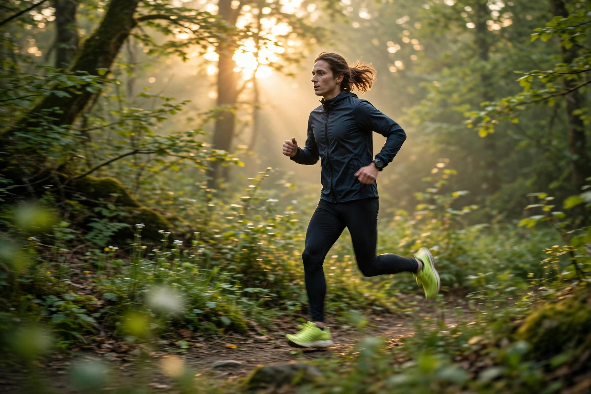 Person beim Joggen auf einem Waldweg bei Sonnenaufgang – Symbol für einen aktiven Lebensstil